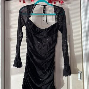 Black Ruched Mesh Bodycon Dress with Sheer Long Sleeves & Sparkle Detail